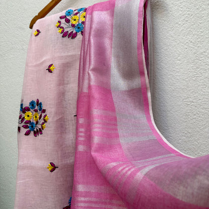Candy Pink Floss Linen Embroidered Saree