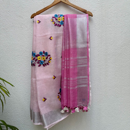 Candy Pink Floss Linen Embroidered Saree