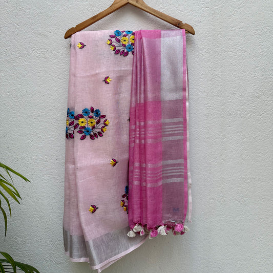 Candy Pink Floss Linen Embroidered Saree
