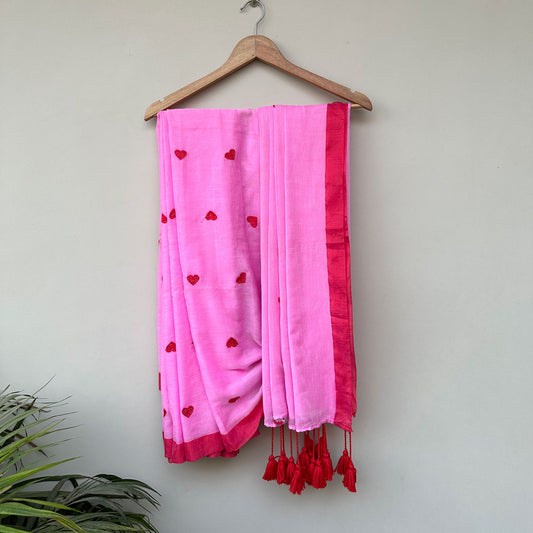 Candy Rani Embroidered Mul Saree - Red Hearts Embroidered on Pink Saree