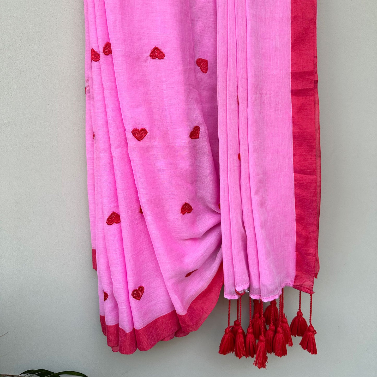 Red Hearts Embroidered on Pink Base Saree with Red Tassels and Border