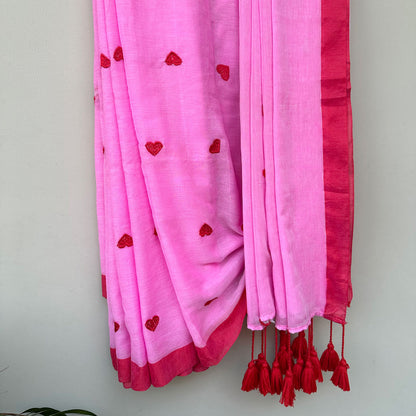 Red Hearts Embroidered on Pink Base Saree with Red Tassels and Border