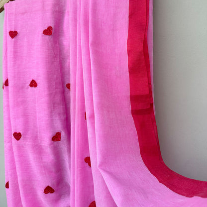 Red Hearts Embroidered on Pink Base Saree with Red Tassels and Border