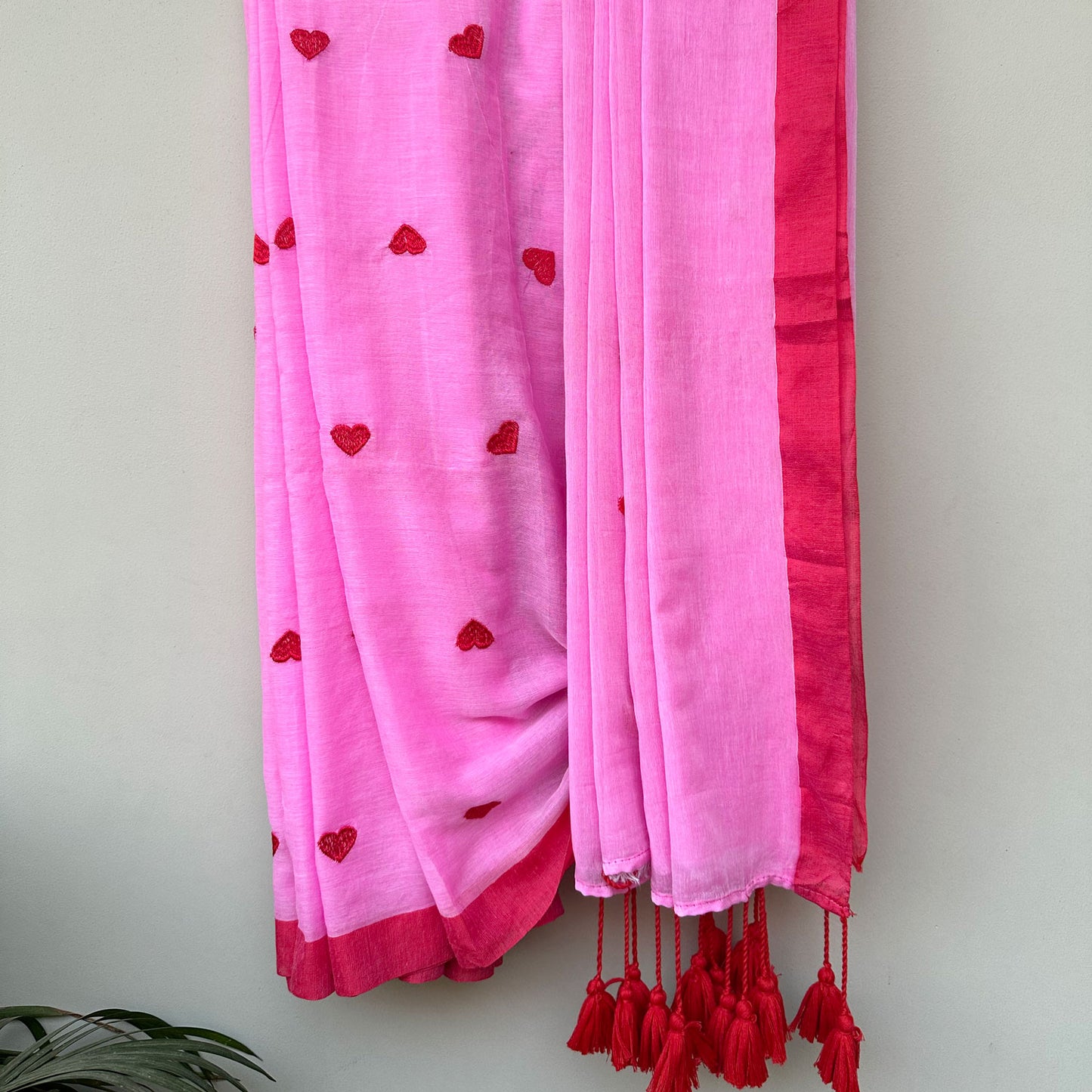 Red Hearts Embroidered on Pink Base Saree with Red Tassels and Border