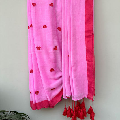 Red Hearts Embroidered on Pink Base Saree with Red Tassels and Border