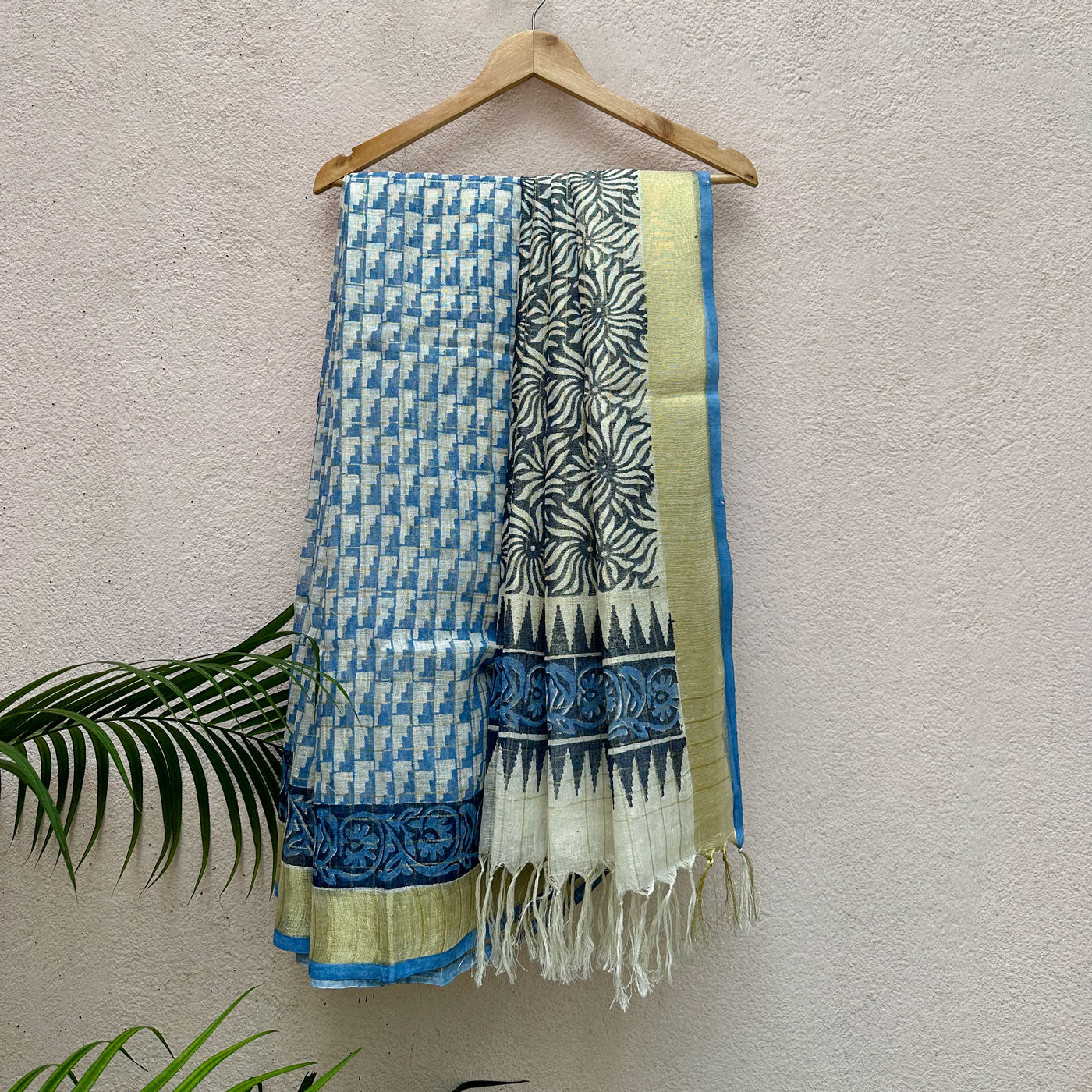 Carribean Twist Handblock Printed Pure Linen Saree