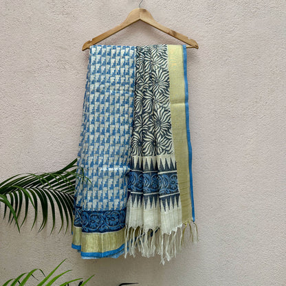 Carribean Twist Handblock Printed Pure Linen Saree