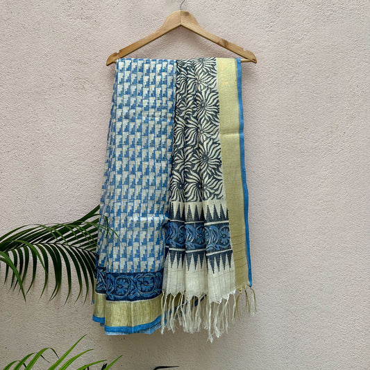 Carribean Twist Handblock Printed Pure Linen Saree