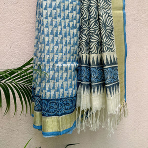 Carribean Twist Handblock Printed Pure Linen Saree