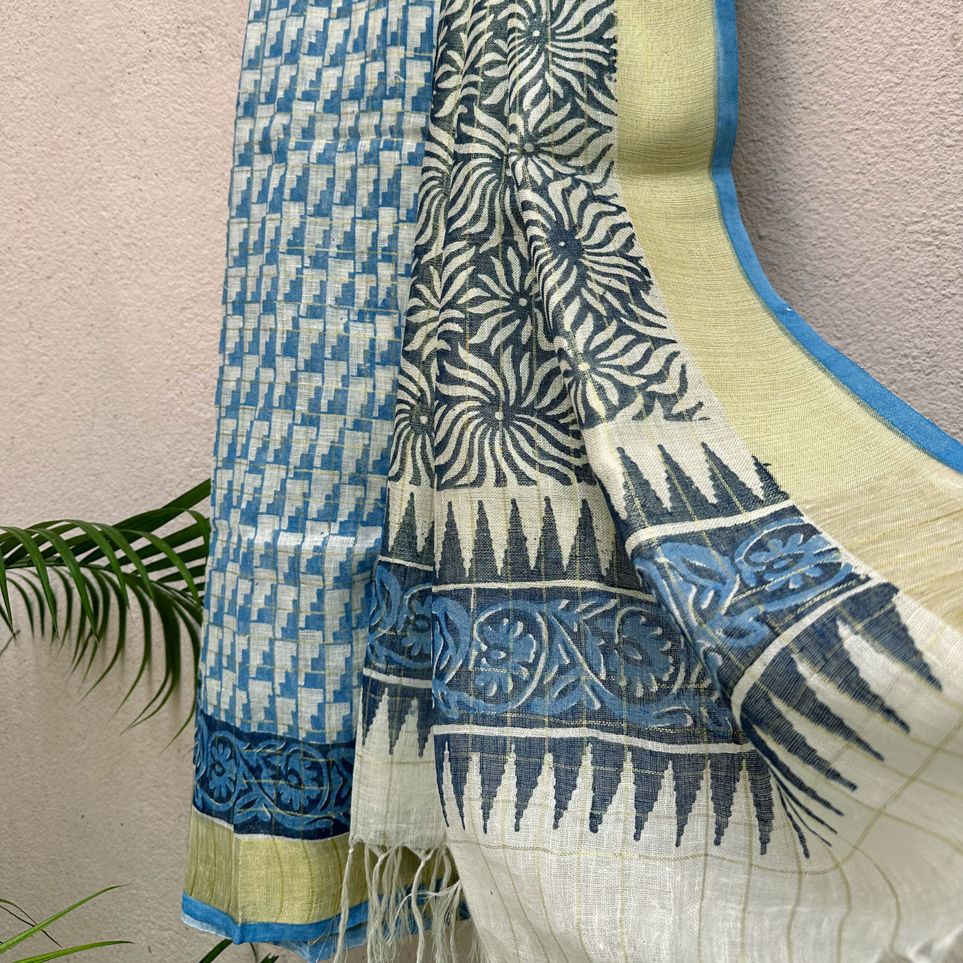 Carribean Twist Handblock Printed Pure Linen Saree