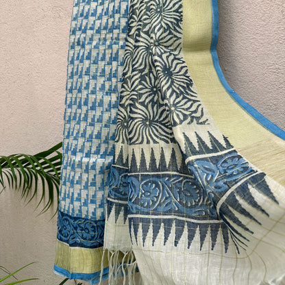 Carribean Twist Handblock Printed Pure Linen Saree