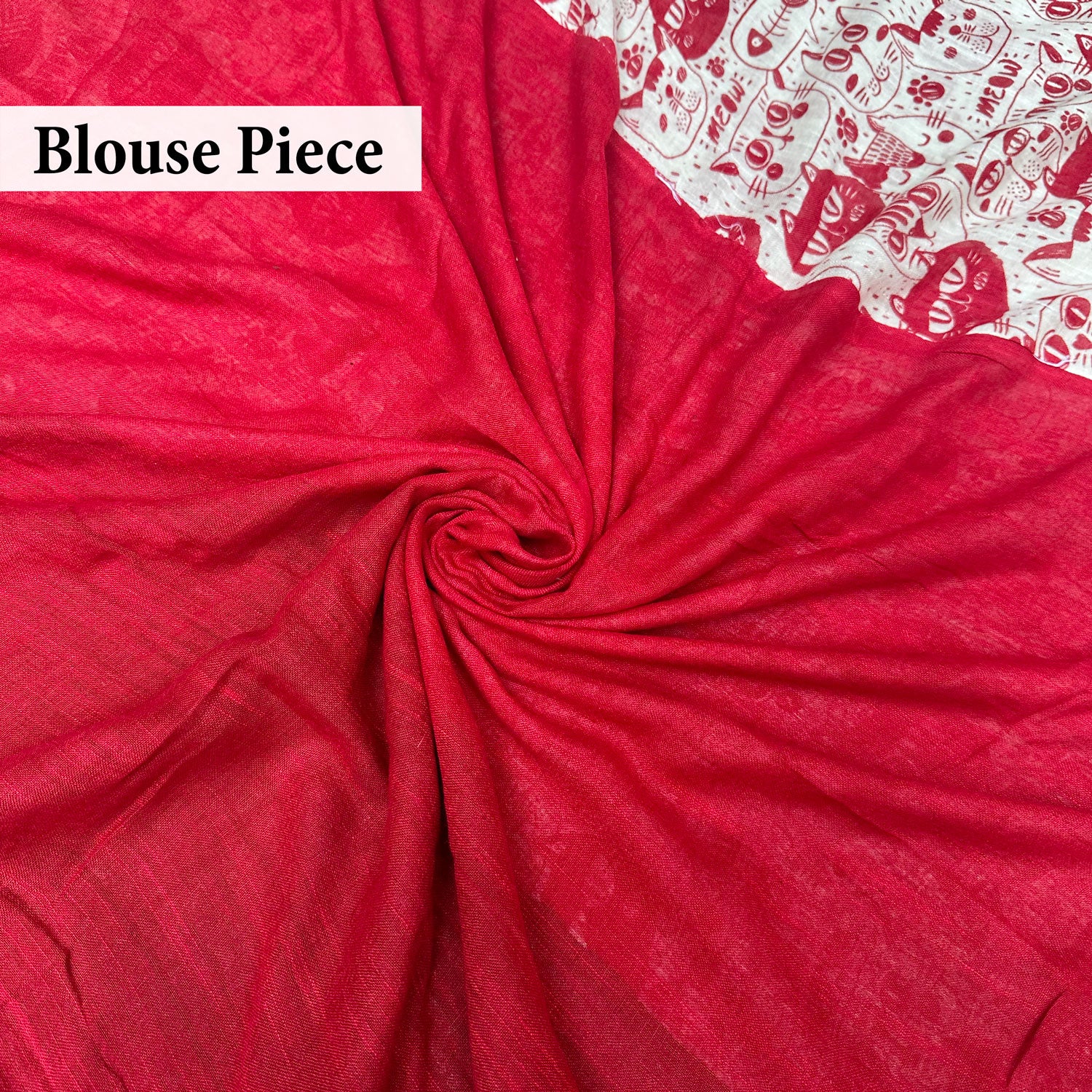 Cat Got Your Heart cotton saree in red and white cat print's plain blouse in red,  by The Thread Weavers