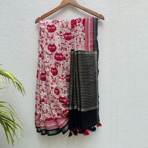 Cat Got Your Heart cotton saree in red and white cat print with black border,  by The Thread Weavers