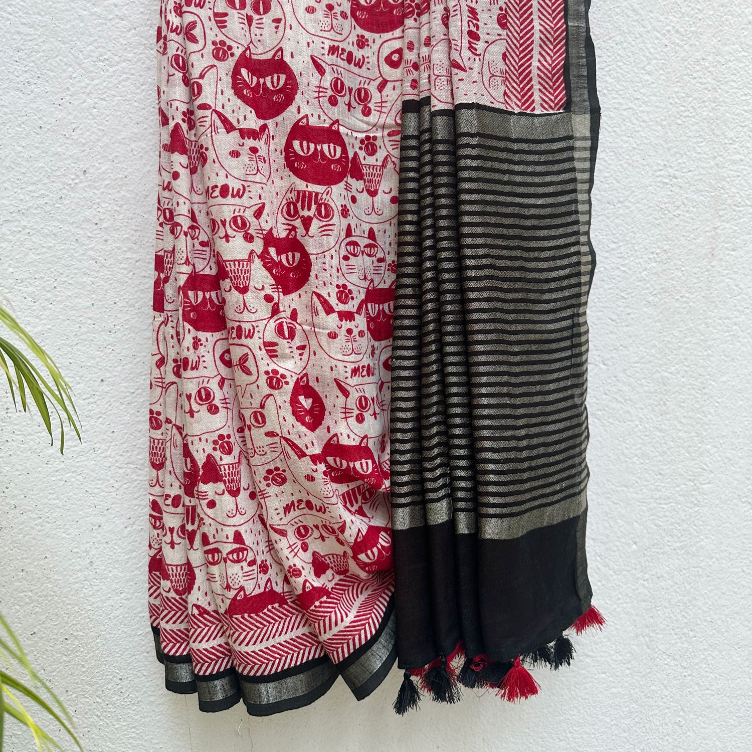 Cat Got Your Heart cotton saree in red and white cat print with black border,  by The Thread Weavers