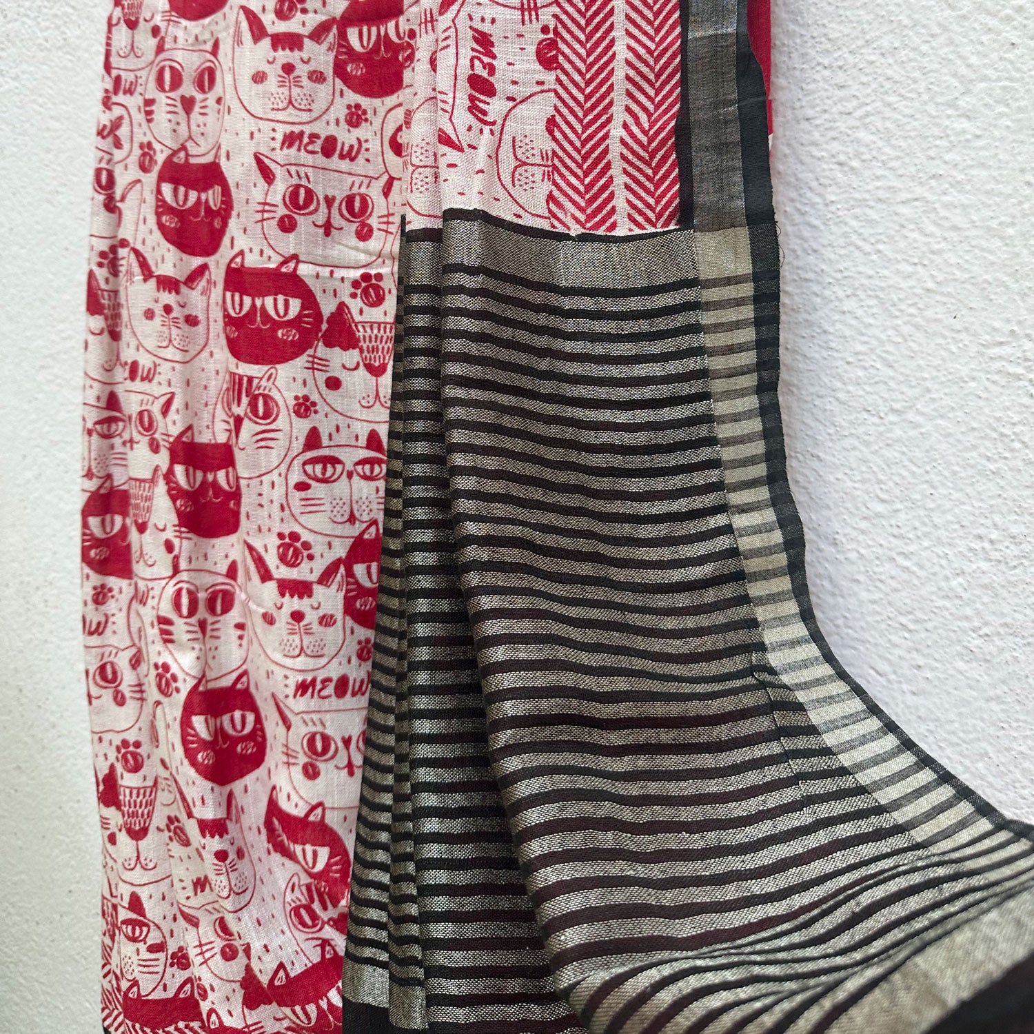 Cat Got Your Heart cotton saree in red and white cat print with black border,  by The Thread Weavers