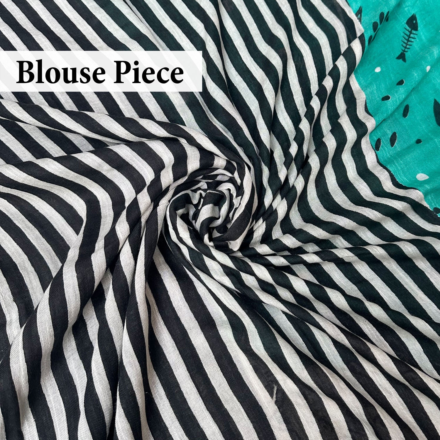 Cat Nap Playtime teal cotton print saree with stripe blouse, Zoomies Collection