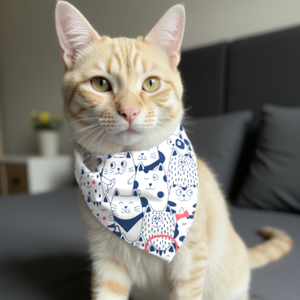 Blue and Red Cat print cotton bandana tied around a Cat's neck, by The Thread Weavers