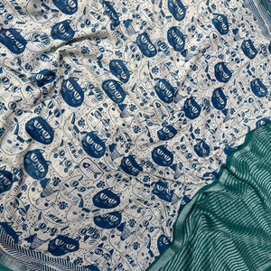 Catsablanca ivory cotton saree closeup with navy meow cat face print, chevron border and teal zari pallu, Zoomies Collection by Thread Weavers