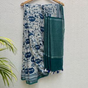 Catsablanca ivory cotton saree with navy meow cat face print, chevron border and teal zari pallu, Zoomies Collection by Thread Weavers