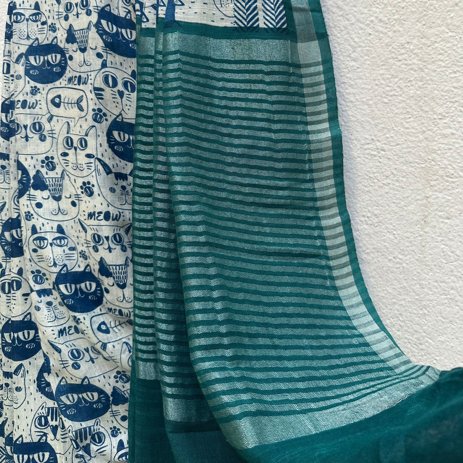 Catsablanca ivory cotton saree with navy meow cat face print, chevron border and teal zari pallu, Zoomies Collection by Thread Weavers