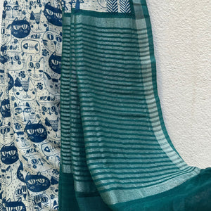 Catsablanca ivory cotton saree with navy meow cat face print, chevron border and teal zari pallu, Zoomies Collection by Thread Weavers