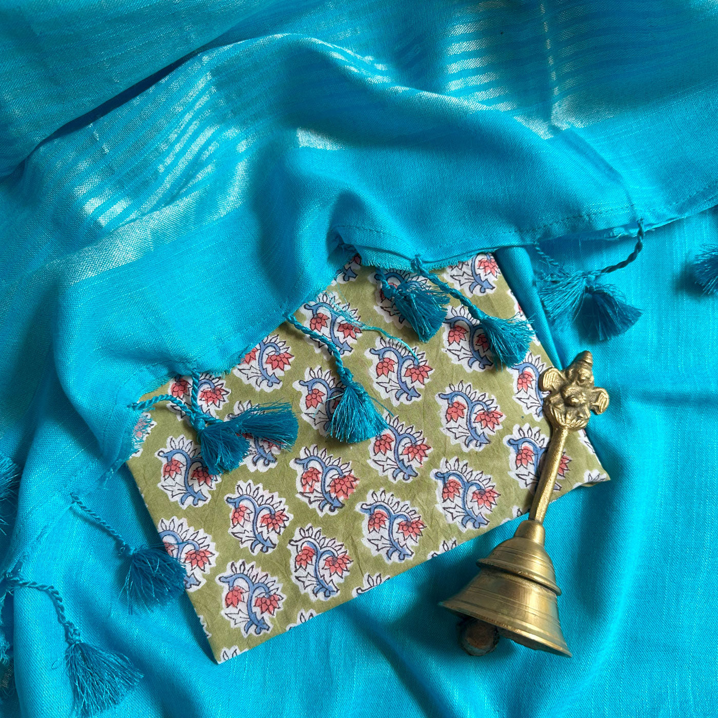Celeste Blue Cotton Saree with Printed Blouse