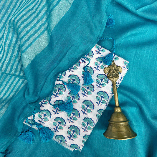 Celeste Blue Cotton Saree with Printed Blouse