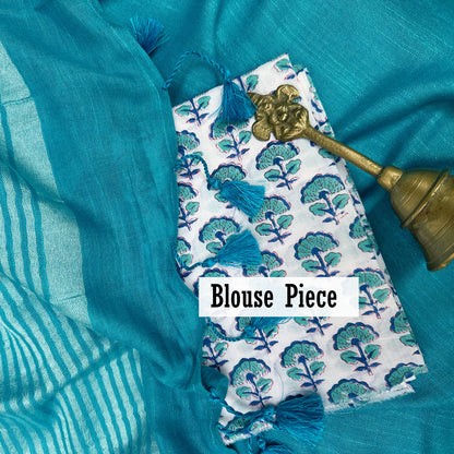Celeste Blue Cotton Saree with Printed Blouse