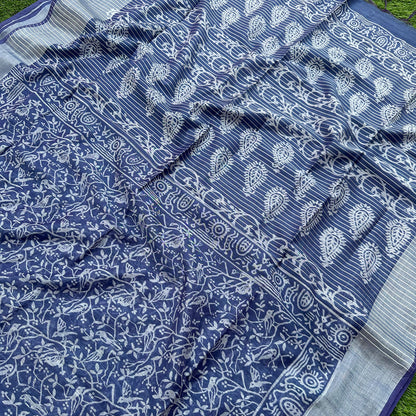 Closeup of Mughal jaal bird and flowering vine block print on indigo cotton silk on the body and paisley on the pallu – Chakori