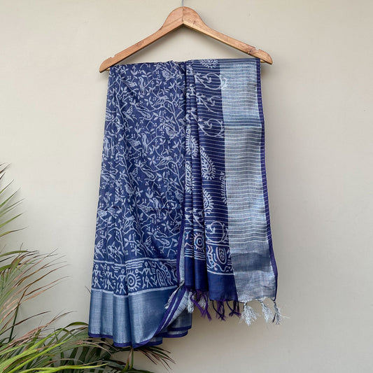 Mughal jaal bird and vine hand block print indigo cotton silk saree with paisley border – The Thread Weavers
