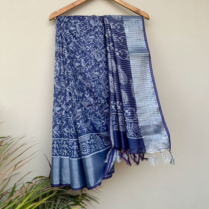 Mughal jaal bird and vine hand block print indigo cotton silk saree with paisley pallu – The Thread Weavers