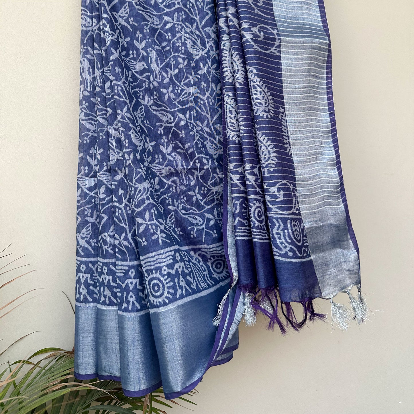 Mughal jaal bird and vine hand block print indigo cotton silk saree with tribal print border – The Thread Weavers