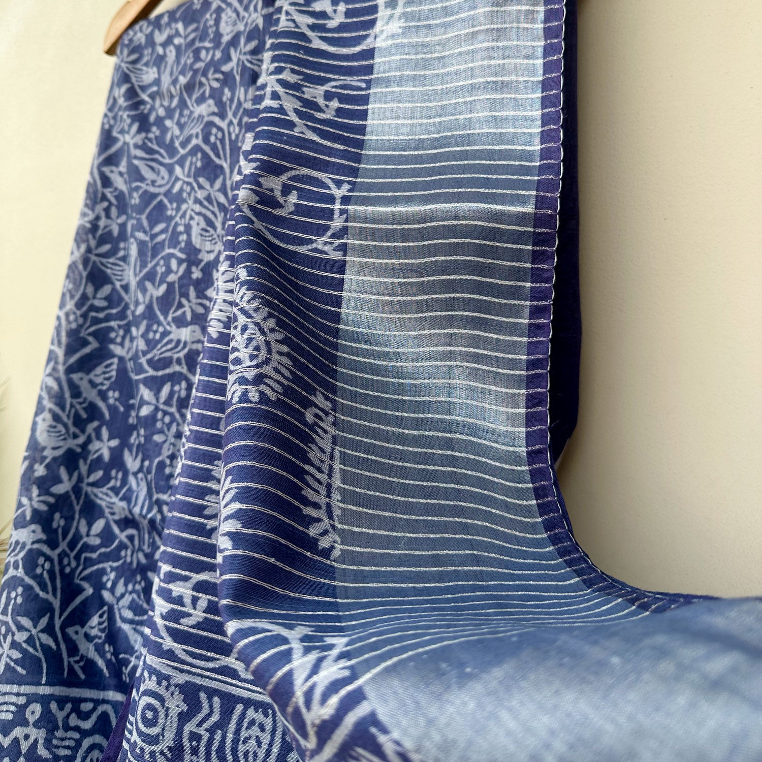 Mughal vine hand block print on pallu with zari stripe on indigo cotton silk saree – The Thread Weavers