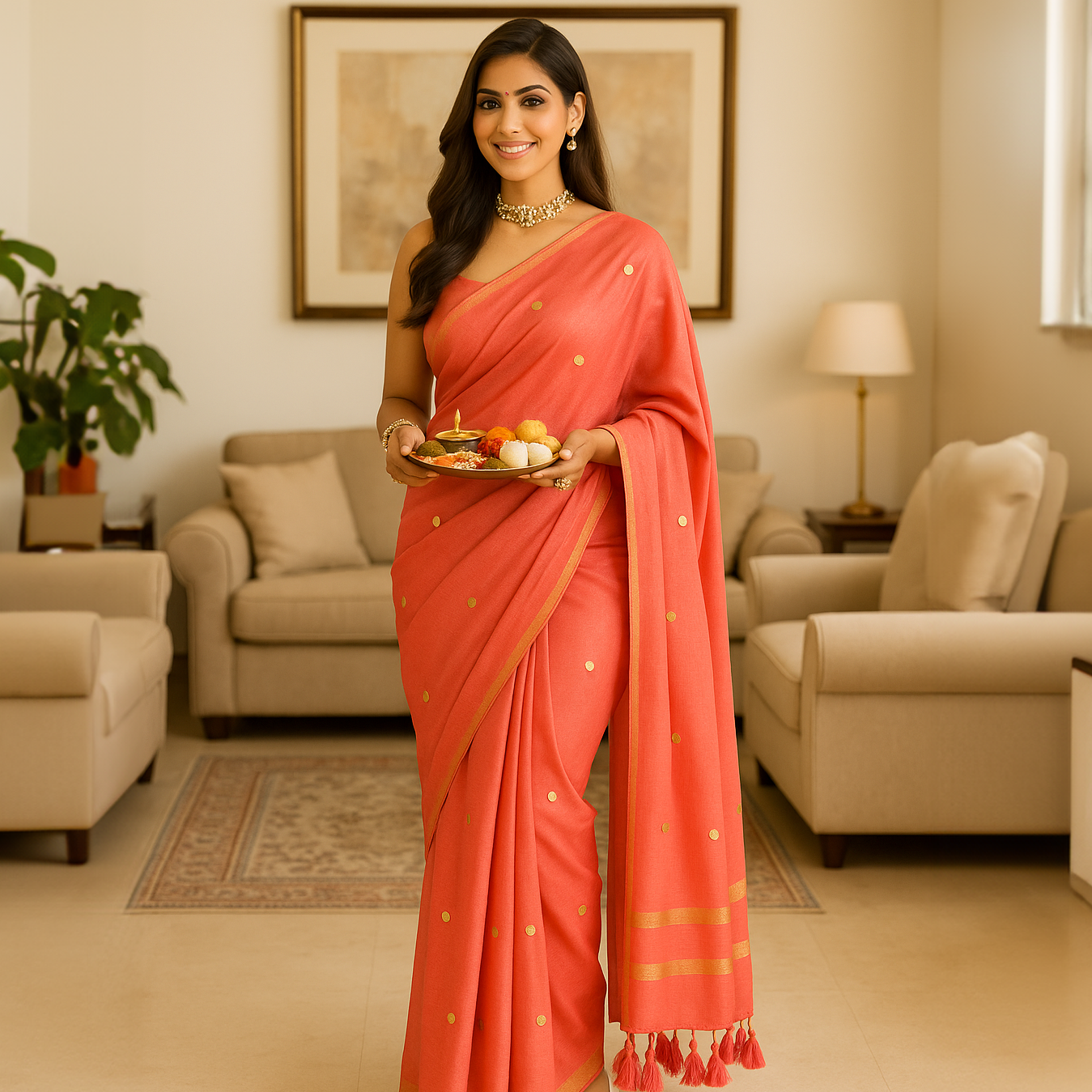 Woman in a coral saree holding aarti thaal ready for a festivities. 