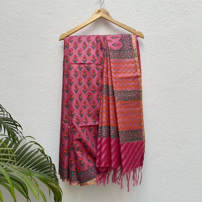 Chitragandha Handblock Printed Moonga Silk Saree