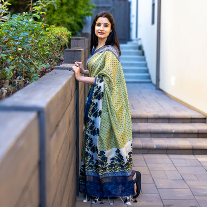 Cobalt Oasis Handblock Cotton Silk Saree