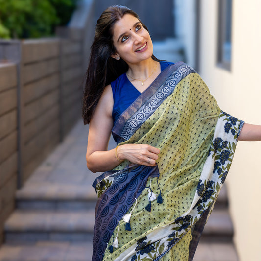 Cobalt Oasis Handblock Cotton Silk Saree