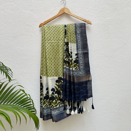 Cobalt Oasis Handblock Cotton Silk Saree