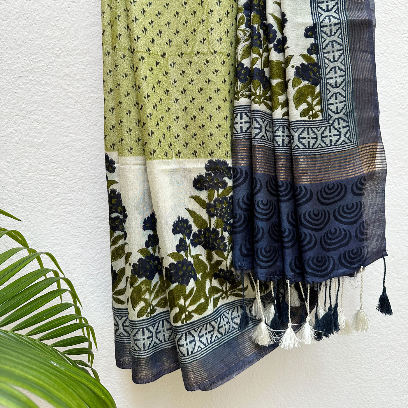 Cobalt Oasis Handblock Cotton Viscose Silk Saree