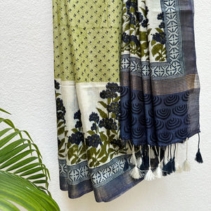 Cobalt Oasis Handblock Cotton Viscose Silk Saree