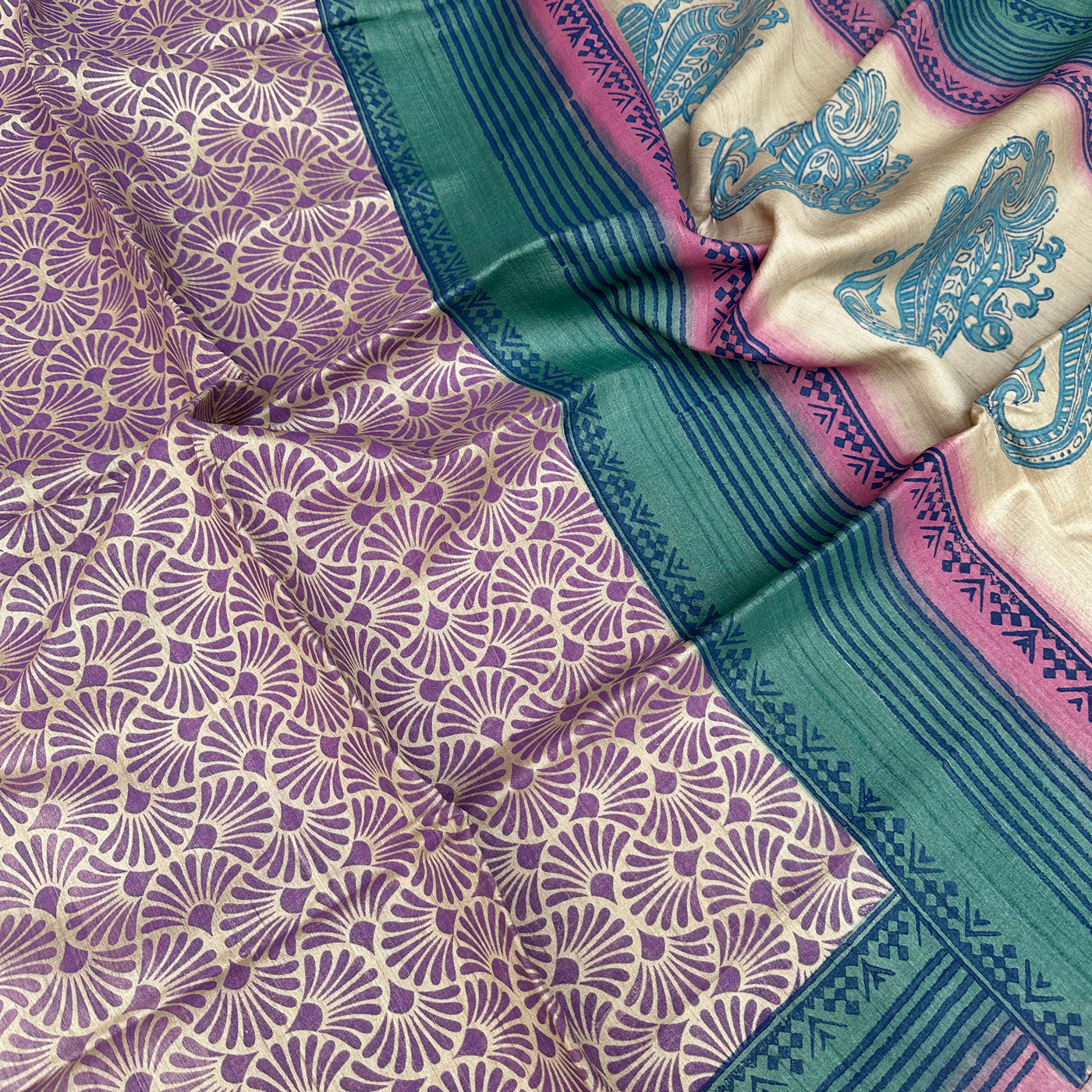 Coral Reef Handblock Printed Desi Tussar Silk Saree
