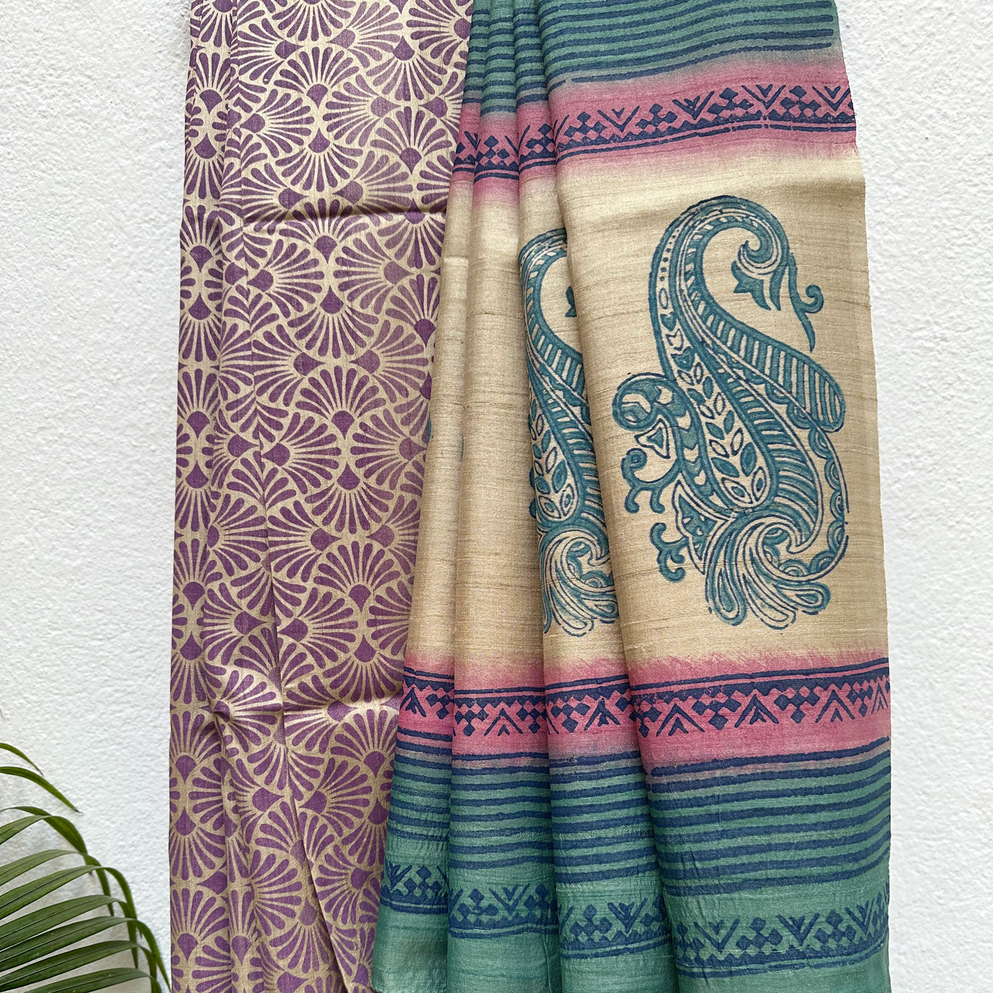Coral Reef Handblock Printed Desi Tussar Silk Saree