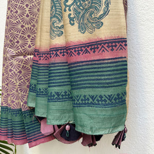 Coral Reef Handblock Printed Desi Tussar Silk Saree