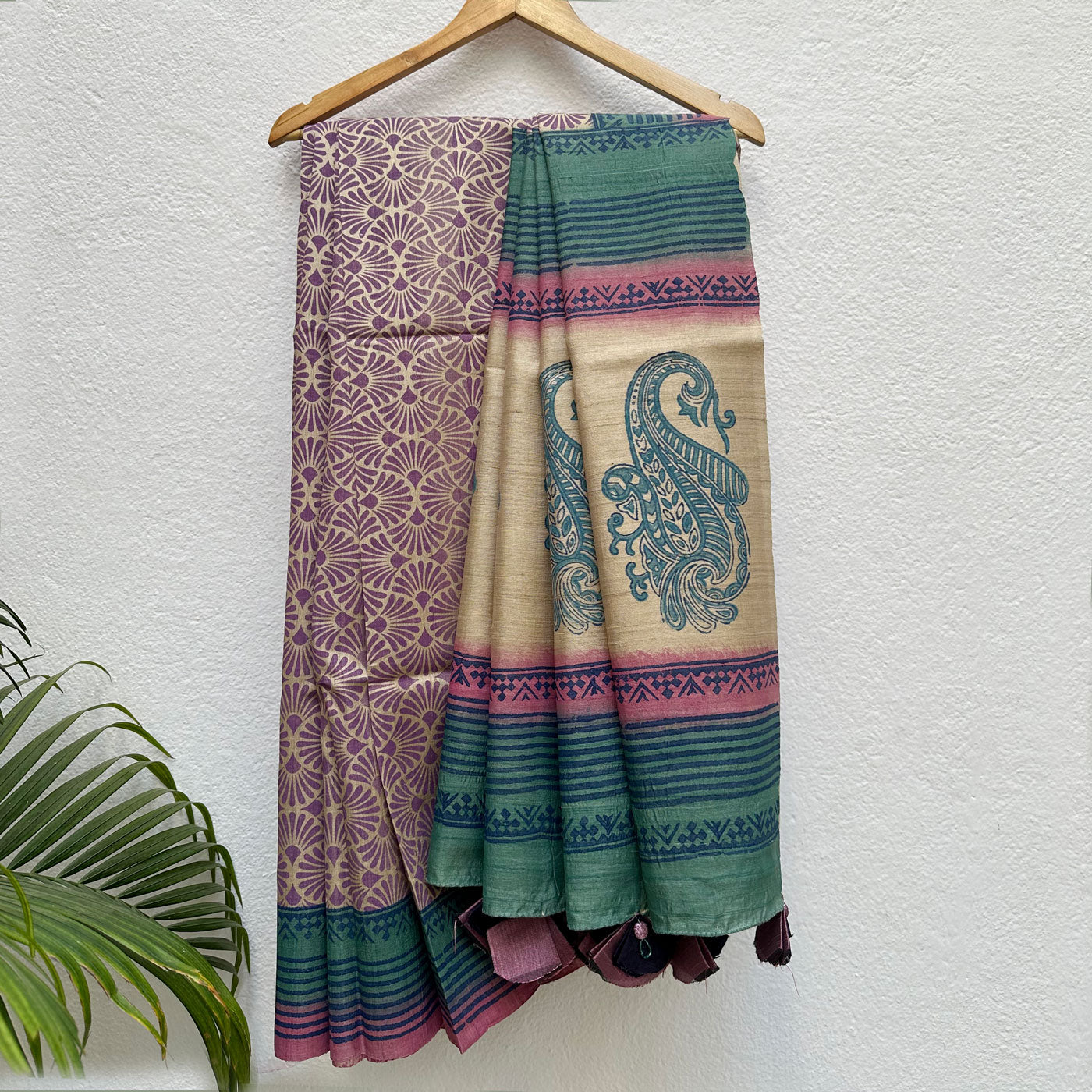 Coral Reef Handblock Printed Desi Tussar Silk Saree
