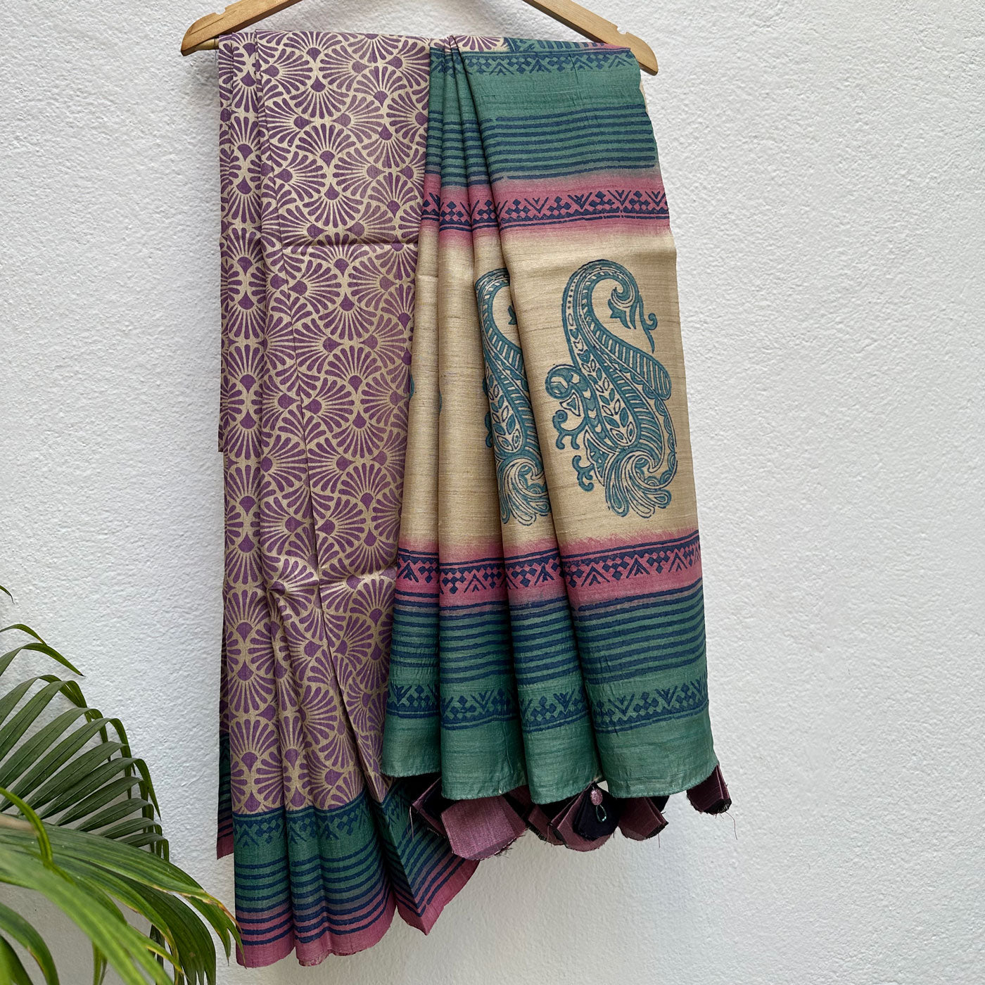 Coral Reef Handblock Printed Desi Tussar Silk Saree