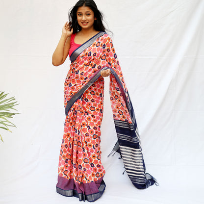Daisies Love Printed Organic Linen Saree