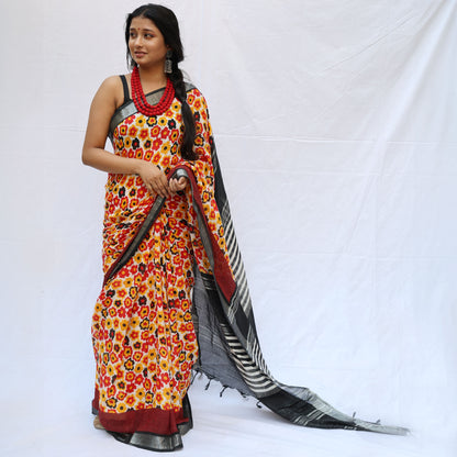 Daisies Bloom Printed Organic Linen Saree