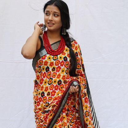 Daisies Bloom Printed Organic Linen Saree