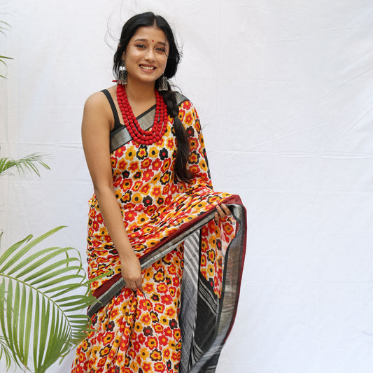 Daisies Bloom Printed Organic Linen Saree