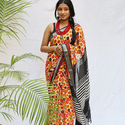 Daisies Bloom Printed Organic Linen Saree